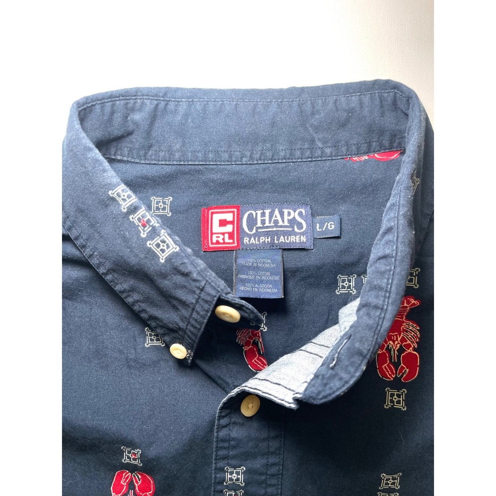 Vintage 90s Chaps Ralph Lauren Lobster Print Button Down Shirt Navy Blue Mens L - Picture 3 of 7